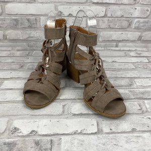 Laser Cut Open Toe Booties Block Heel Size 9-9.5